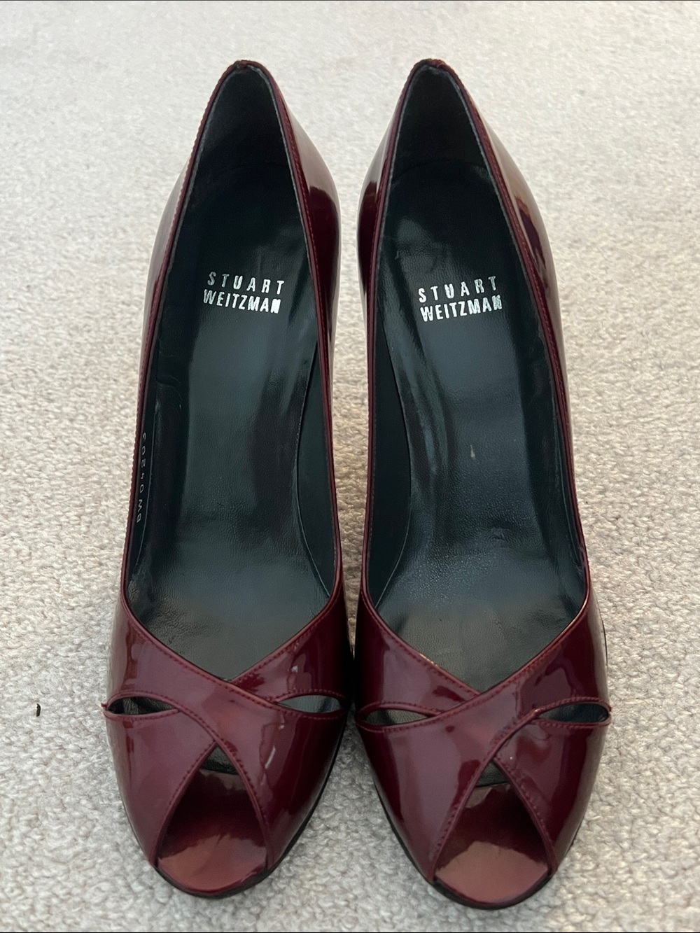 Stuart Weitzman Wine Red Patent Peep-Toe Pumps